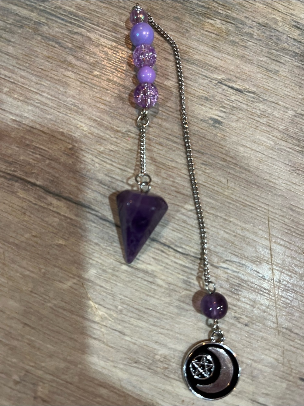 Purple Amethyst Pendulum Necklace with Crescent Moon Charm